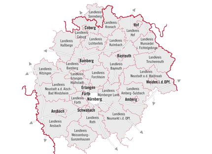 Karte der Europäischen Metropolregion Nürnberg